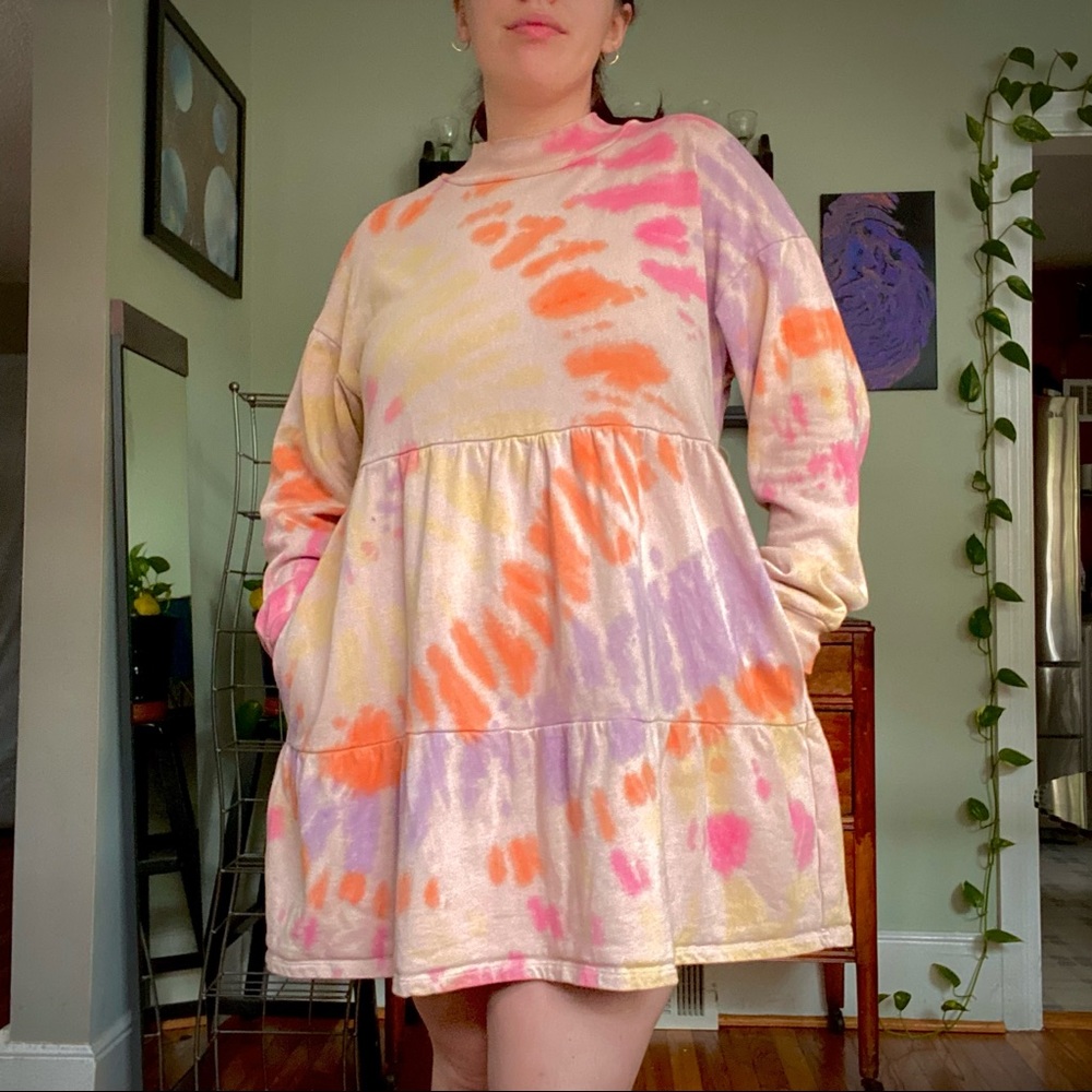 Tie-Dye Mock Neck Sweatshirt Dress w/ Pockets